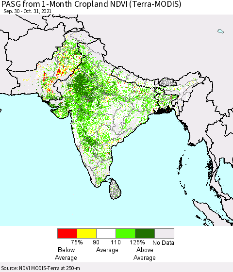 Southern Asia PASG from 1-Month Cropland NDVI (Terra-MODIS) Thematic Map For 10/21/2021 - 10/31/2021