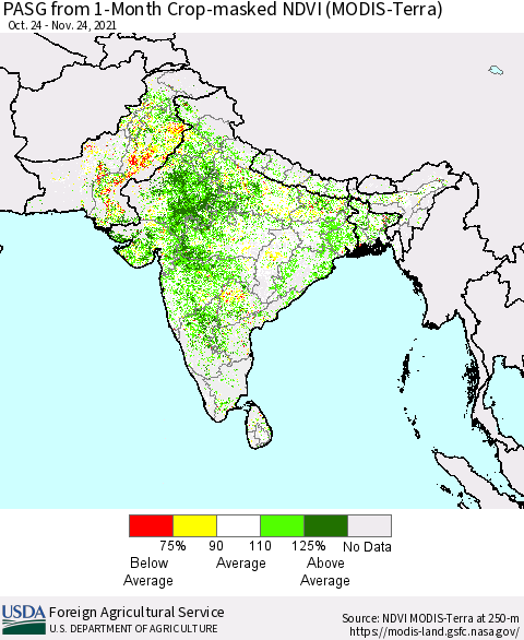 Southern Asia PASG from 1-Month Crop-masked NDVI (MODIS-Terra) Thematic Map For 11/21/2021 - 11/30/2021