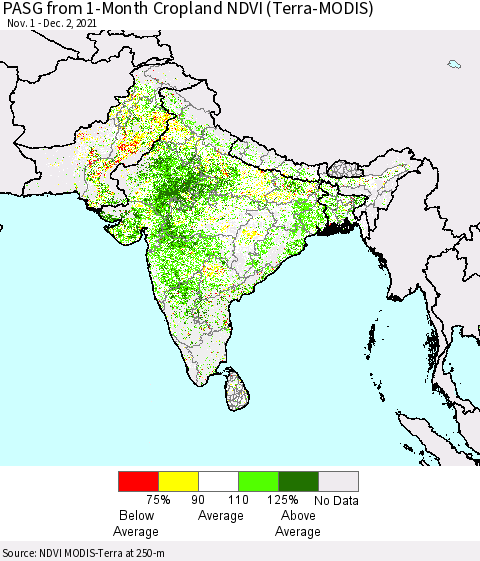 Southern Asia PASG from 1-Month Cropland NDVI (Terra-MODIS) Thematic Map For 11/25/2021 - 12/2/2021