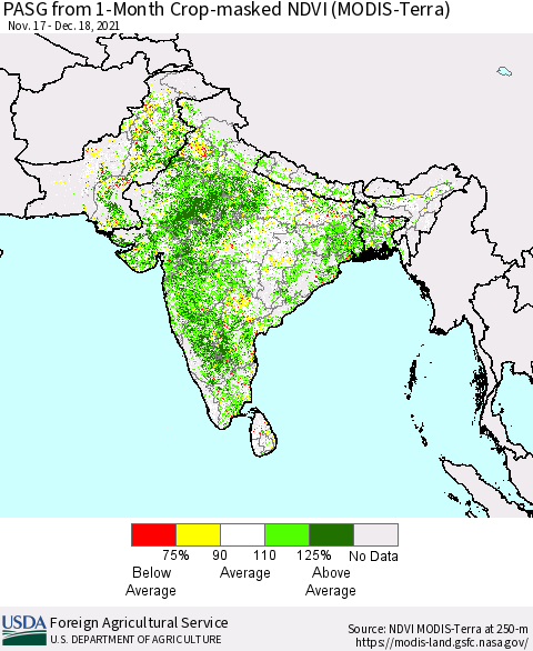 Southern Asia PASG from 1-Month Cropland NDVI (Terra-MODIS) Thematic Map For 12/11/2021 - 12/20/2021