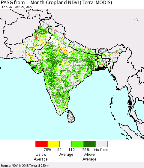 Southern Asia PASG from 1-Month Cropland NDVI (Terra-MODIS) Thematic Map For 3/22/2022 - 3/29/2022