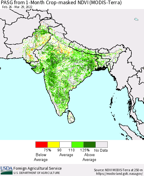 Southern Asia PASG from 1-Month Cropland NDVI (Terra-MODIS) Thematic Map For 3/21/2022 - 3/31/2022