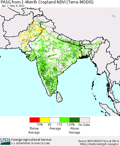 Southern Asia PASG from 1-Month Cropland NDVI (Terra-MODIS) Thematic Map For 5/1/2022 - 5/10/2022