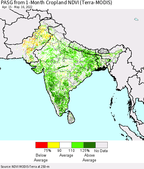 Southern Asia PASG from 1-Month Cropland NDVI (Terra-MODIS) Thematic Map For 5/9/2022 - 5/16/2022