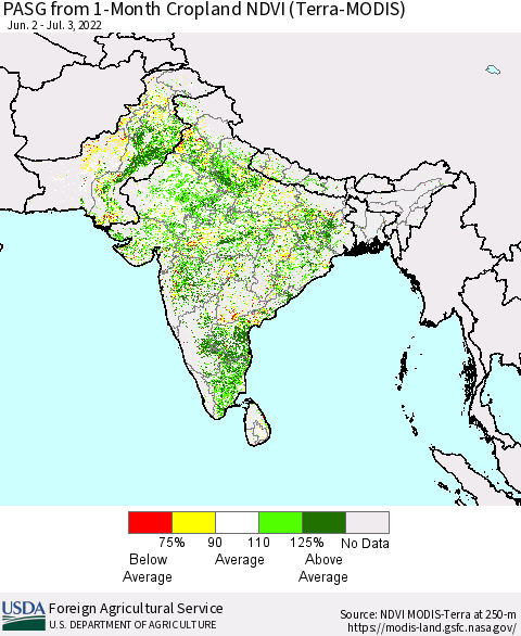 Southern Asia PASG from 1-Month Cropland NDVI (Terra-MODIS) Thematic Map For 7/1/2022 - 7/10/2022