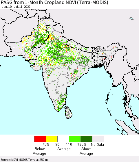 Southern Asia PASG from 1-Month Cropland NDVI (Terra-MODIS) Thematic Map For 7/4/2022 - 7/11/2022