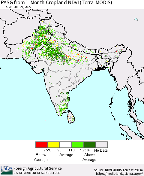 Southern Asia PASG from 1-Month Cropland NDVI (Terra-MODIS) Thematic Map For 7/21/2022 - 7/31/2022
