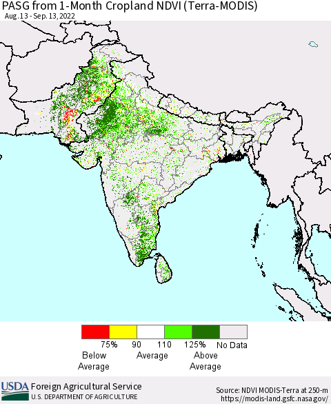 Southern Asia PASG from 1-Month Cropland NDVI (Terra-MODIS) Thematic Map For 9/11/2022 - 9/20/2022