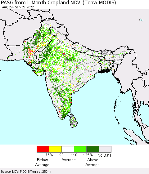 Southern Asia PASG from 1-Month Cropland NDVI (Terra-MODIS) Thematic Map For 9/22/2022 - 9/29/2022