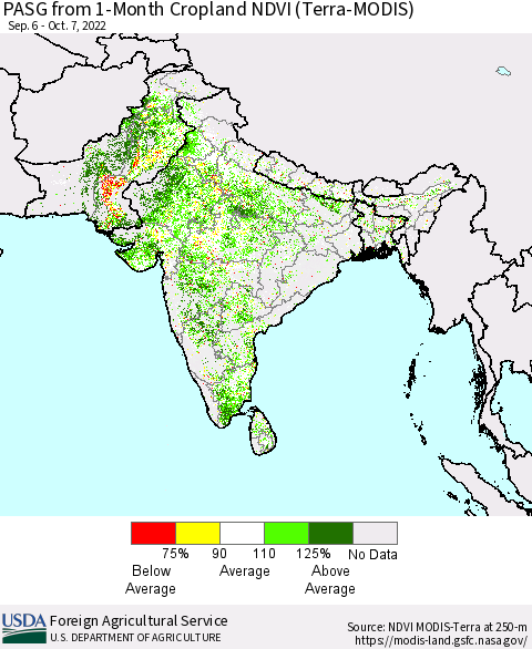 Southern Asia PASG from 1-Month Cropland NDVI (Terra-MODIS) Thematic Map For 10/1/2022 - 10/10/2022