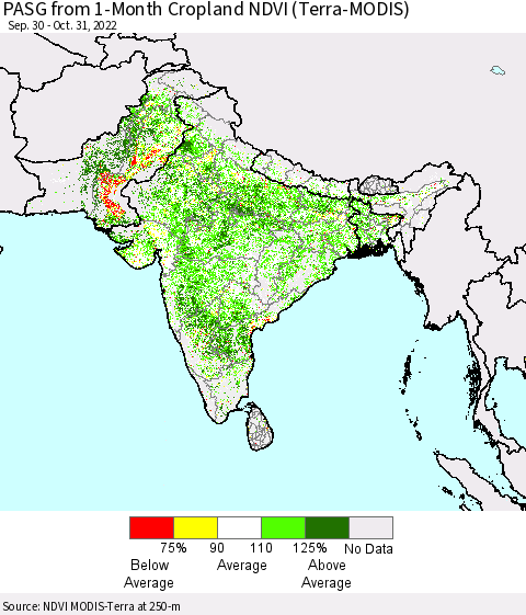 Southern Asia PASG from 1-Month Cropland NDVI (Terra-MODIS) Thematic Map For 10/21/2022 - 10/31/2022
