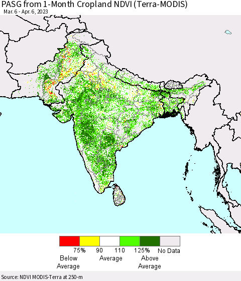 Southern Asia PASG from 1-Month Cropland NDVI (Terra-MODIS) Thematic Map For 3/30/2023 - 4/6/2023