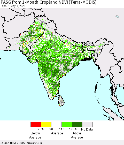 Southern Asia PASG from 1-Month Cropland NDVI (Terra-MODIS) Thematic Map For 5/1/2023 - 5/8/2023