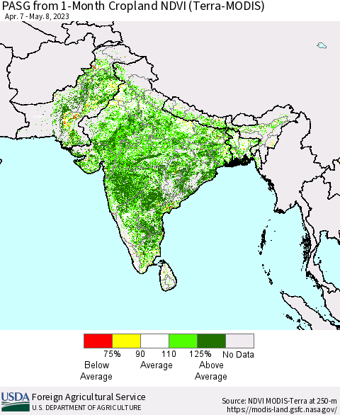 Southern Asia PASG from 1-Month Cropland NDVI (Terra-MODIS) Thematic Map For 5/1/2023 - 5/10/2023
