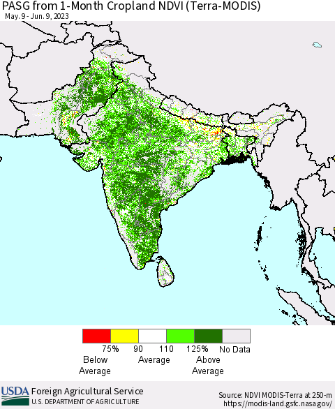 Southern Asia PASG from 1-Month Cropland NDVI (Terra-MODIS) Thematic Map For 6/1/2023 - 6/10/2023