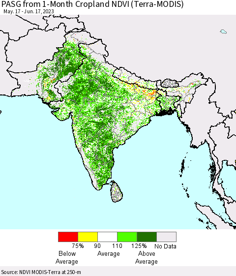 Southern Asia PASG from 1-Month Cropland NDVI (Terra-MODIS) Thematic Map For 6/10/2023 - 6/17/2023
