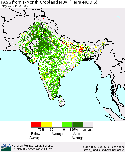 Southern Asia PASG from 1-Month Cropland NDVI (Terra-MODIS) Thematic Map For 6/21/2023 - 6/30/2023