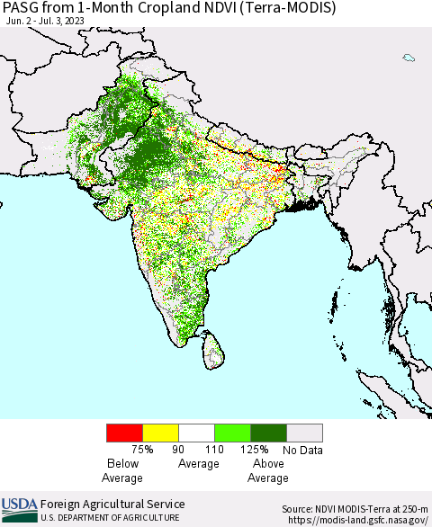 Southern Asia PASG from 1-Month Cropland NDVI (Terra-MODIS) Thematic Map For 7/1/2023 - 7/10/2023