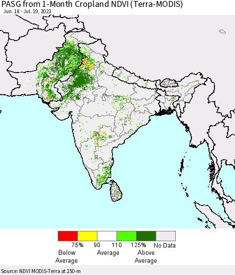Southern Asia PASG from 1-Month Cropland NDVI (Terra-MODIS) Thematic Map For 7/12/2023 - 7/19/2023