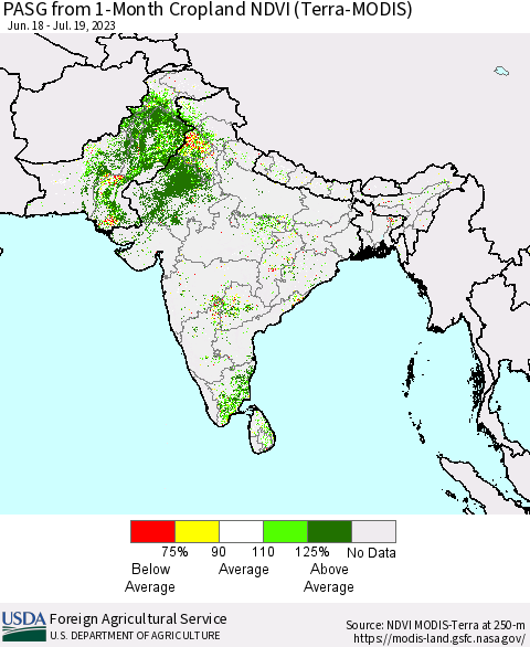Southern Asia PASG from 1-Month Cropland NDVI (Terra-MODIS) Thematic Map For 7/11/2023 - 7/20/2023