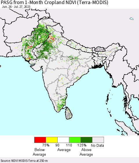 Southern Asia PASG from 1-Month Cropland NDVI (Terra-MODIS) Thematic Map For 7/20/2023 - 7/27/2023