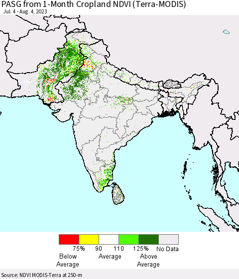 Southern Asia PASG from 1-Month Cropland NDVI (Terra-MODIS) Thematic Map For 7/28/2023 - 8/4/2023