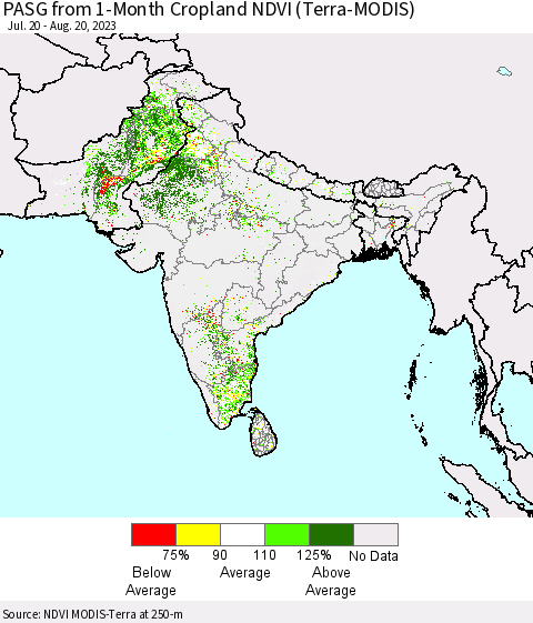 Southern Asia PASG from 1-Month Cropland NDVI (Terra-MODIS) Thematic Map For 8/13/2023 - 8/20/2023