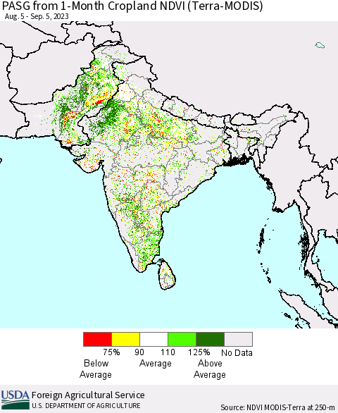 Southern Asia PASG from 1-Month Cropland NDVI (Terra-MODIS) Thematic Map For 9/1/2023 - 9/10/2023