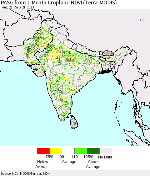 Southern Asia PASG from 1-Month Cropland NDVI (Terra-MODIS) Thematic Map For 9/14/2023 - 9/21/2023