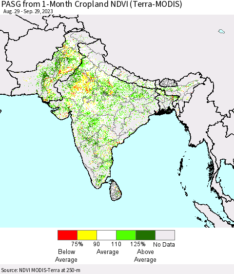 Southern Asia PASG from 1-Month Cropland NDVI (Terra-MODIS) Thematic Map For 9/22/2023 - 9/29/2023