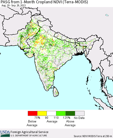 Southern Asia PASG from 1-Month Cropland NDVI (Terra-MODIS) Thematic Map For 9/21/2023 - 9/30/2023