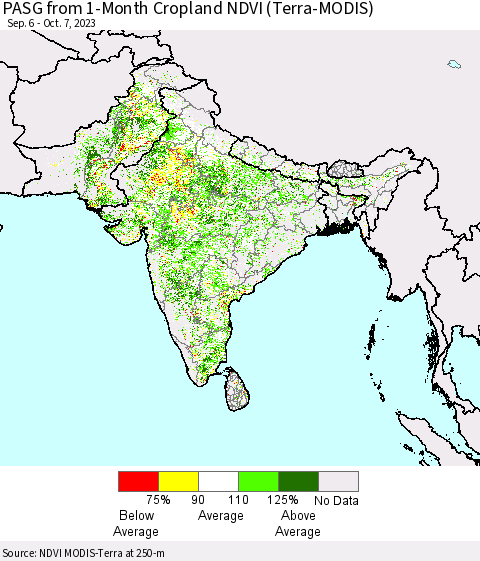 Southern Asia PASG from 1-Month Cropland NDVI (Terra-MODIS) Thematic Map For 9/30/2023 - 10/7/2023