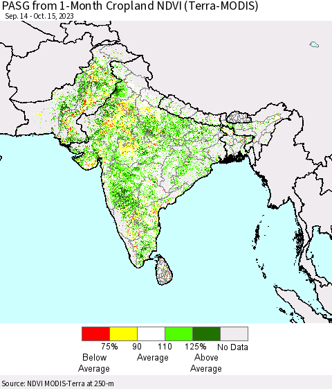 Southern Asia PASG from 1-Month Cropland NDVI (Terra-MODIS) Thematic Map For 10/8/2023 - 10/15/2023