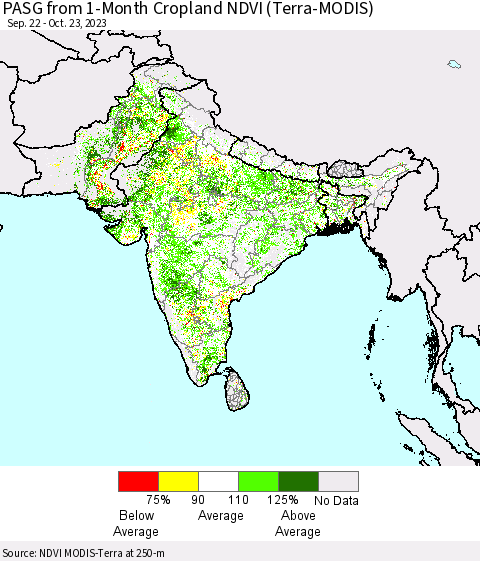 Southern Asia PASG from 1-Month Cropland NDVI (Terra-MODIS) Thematic Map For 10/16/2023 - 10/23/2023