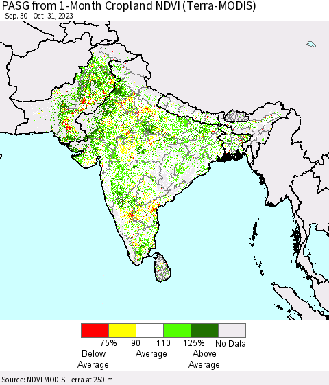Southern Asia PASG from 1-Month Cropland NDVI (Terra-MODIS) Thematic Map For 10/24/2023 - 10/31/2023