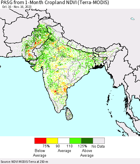 Southern Asia PASG from 1-Month Cropland NDVI (Terra-MODIS) Thematic Map For 11/9/2023 - 11/16/2023