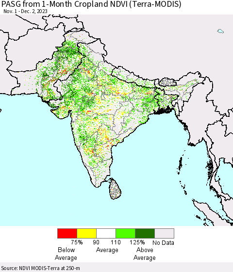 Southern Asia PASG from 1-Month Cropland NDVI (Terra-MODIS) Thematic Map For 11/25/2023 - 12/2/2023
