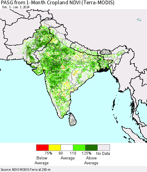 Southern Asia PASG from 1-Month Cropland NDVI (Terra-MODIS) Thematic Map For 12/27/2023 - 1/3/2024