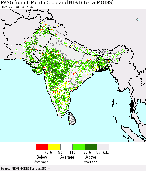 Southern Asia PASG from 1-Month Cropland NDVI (Terra-MODIS) Thematic Map For 1/17/2024 - 1/24/2024