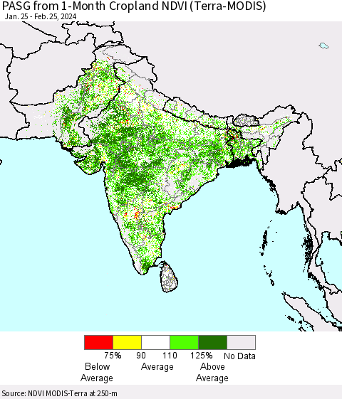 Southern Asia PASG from 1-Month Cropland NDVI (Terra-MODIS) Thematic Map For 2/18/2024 - 2/25/2024