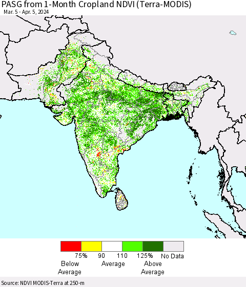 Southern Asia PASG from 1-Month Cropland NDVI (Terra-MODIS) Thematic Map For 3/29/2024 - 4/5/2024