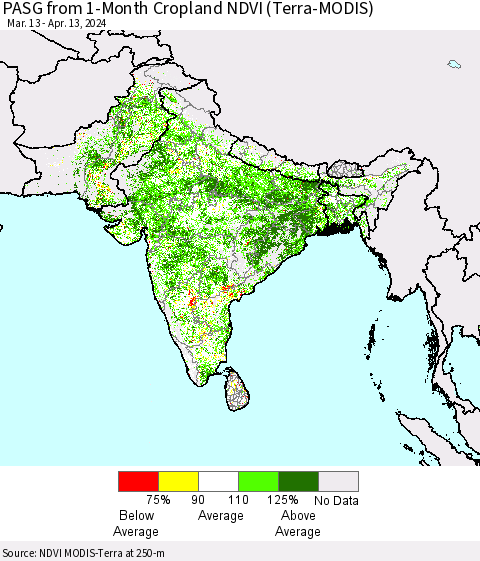 Southern Asia PASG from 1-Month Cropland NDVI (Terra-MODIS) Thematic Map For 4/6/2024 - 4/13/2024