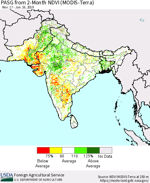 Southern Asia PASG from 2-Month NDVI (Terra-MODIS) Thematic Map For 1/11/2019 - 1/20/2019