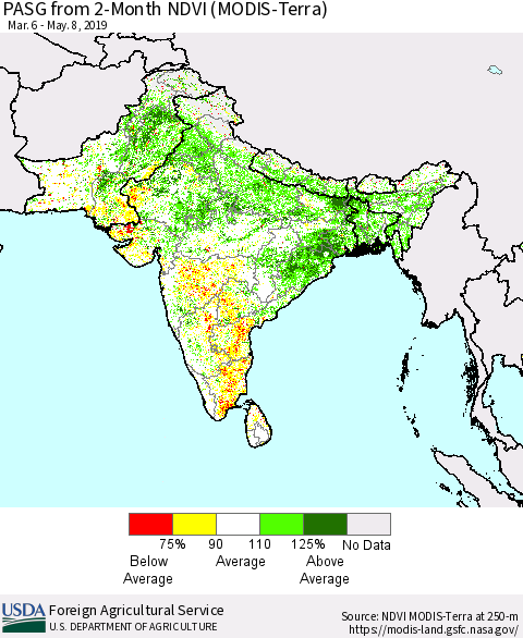 Southern Asia PASG from 2-Month NDVI (Terra-MODIS) Thematic Map For 5/1/2019 - 5/10/2019