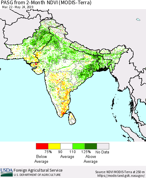 Southern Asia PASG from 2-Month NDVI (MODIS-Terra) Thematic Map For 5/21/2019 - 5/31/2019