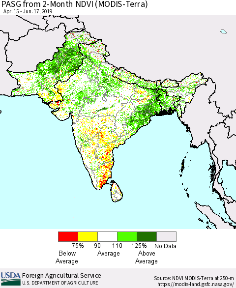 Southern Asia PASG from 2-Month NDVI (Terra-MODIS) Thematic Map For 6/11/2019 - 6/20/2019
