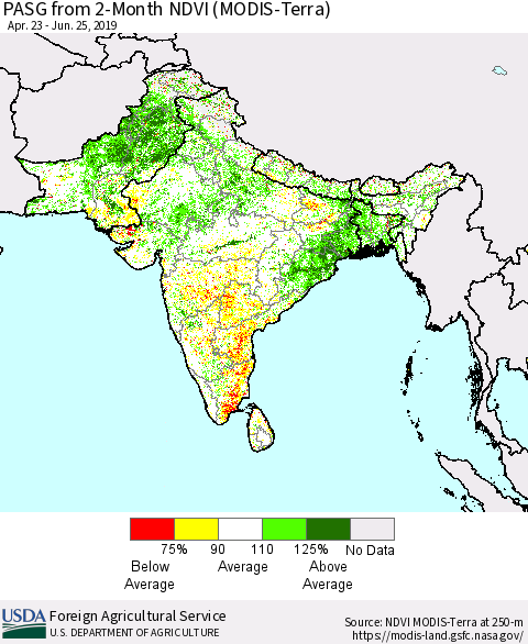 Southern Asia PASG from 2-Month NDVI (MODIS-Terra) Thematic Map For 6/21/2019 - 6/30/2019