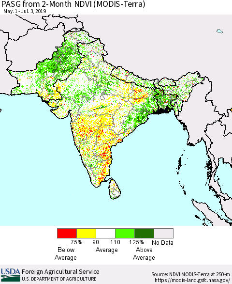 Southern Asia PASG from 2-Month NDVI (MODIS-Terra) Thematic Map For 7/1/2019 - 7/10/2019