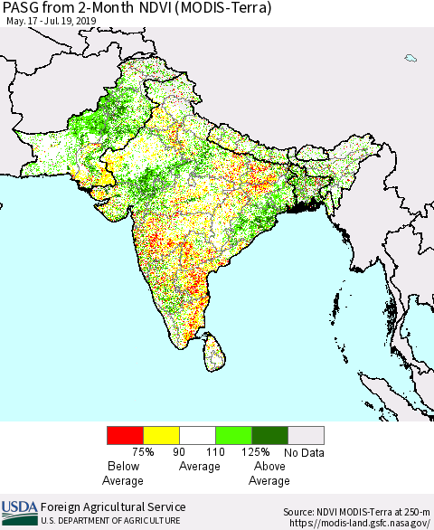 Southern Asia PASG from 2-Month NDVI (Terra-MODIS) Thematic Map For 7/11/2019 - 7/20/2019