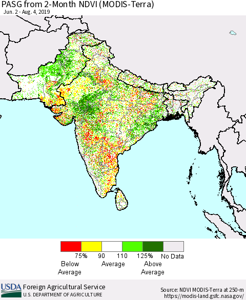 Southern Asia PASG from 2-Month NDVI (MODIS-Terra) Thematic Map For 8/1/2019 - 8/10/2019
